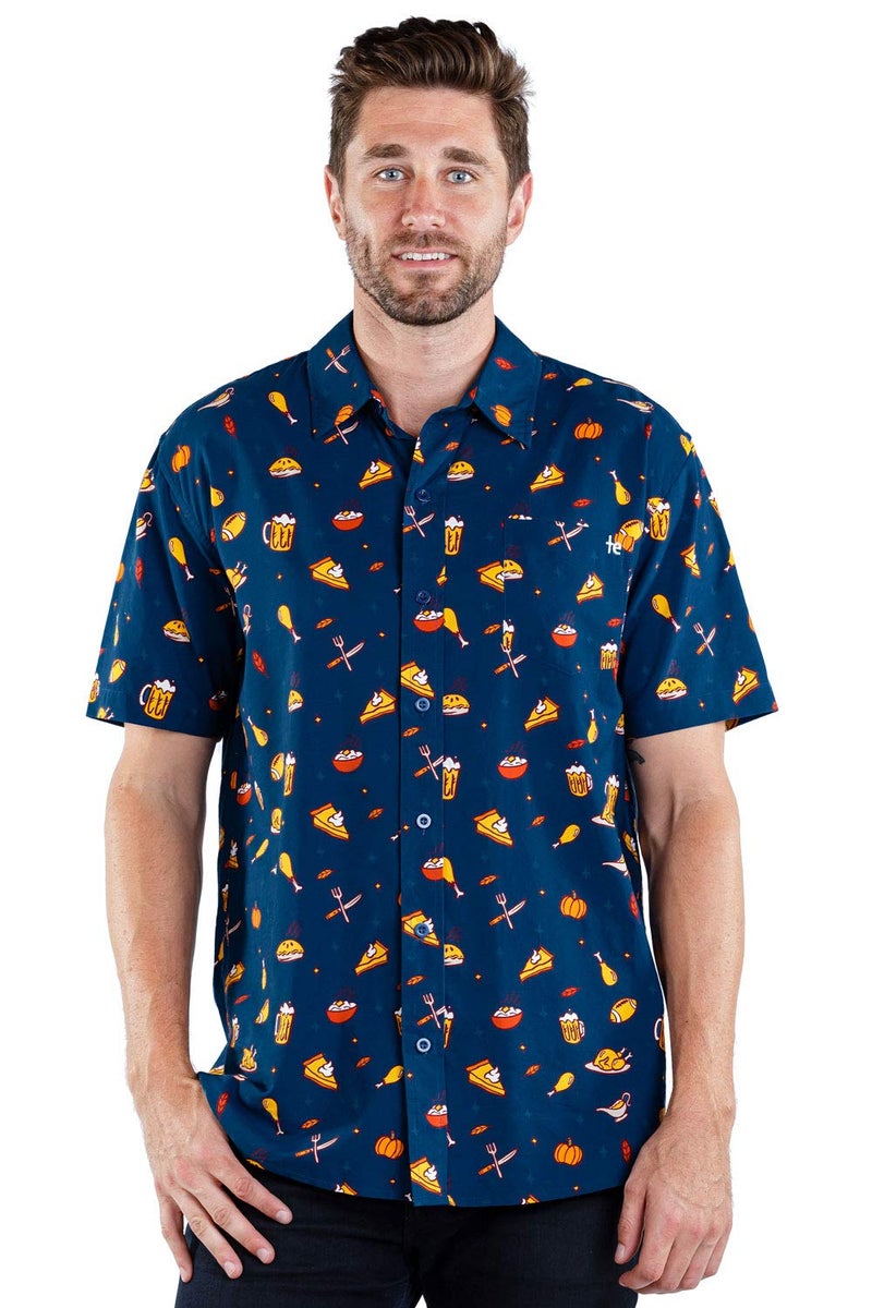 Tipsy Elves Men's Short Sleeve Holiday Button Down Shirts - Funny Christmas, Hanukkah & Thanksgiving Hawaiian Shirts for Men - Men's Navy Thanksgiving Button Up Shirt Size Medium - Image 2
